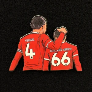 Liverpool memorabilia badge & pin featuring VDD and TAA, symbolizing defensive leadership